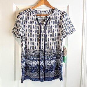 Naif Petite Blue White Print Short Sleeve Top NWT